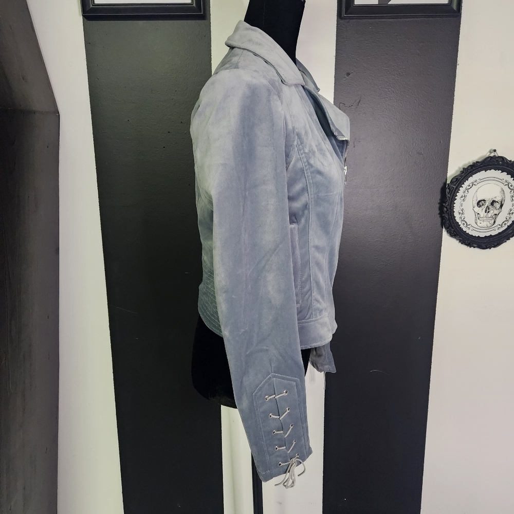 Ice Blue Velvet Moto Jacket - Picture 3 of 6